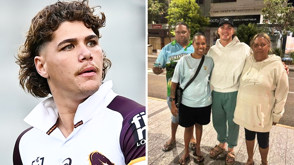 Reece Walsh during a game and Walsh poses with locals in Townsville.