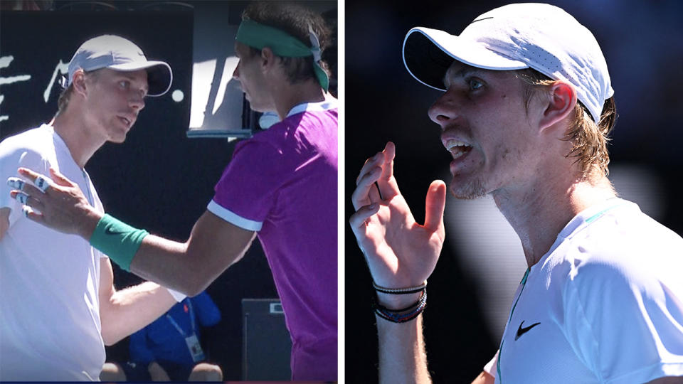 Denis Shapovalov was furious at Rafael Nadal over the time he was taking between points, arguing with both he and the chair umpire amid his frustrations. Pictures: Channel 9/Getty Images