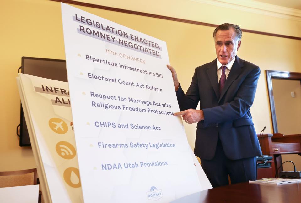 Sen. Mitt Romney, R-Utah, meets with Senate Democrats during their caucus meeting at the Capitol in Salt Lake City on Thursday, Feb. 15, 2024. | Kristin Murphy, Deseret News