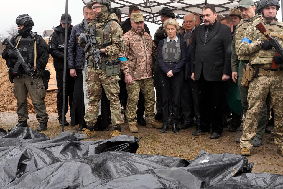 On April 8, von der Leyen became the first Western leader to travel to Bucha, the site of Russian atrocities.<span class="copyright">Efrem Lukatsky—AP</span>