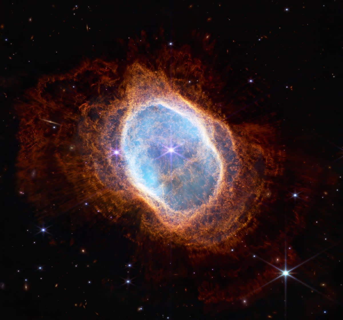 The bright star at the centre of the Southern Nebula Ring (NGC 3132), viewed by the James Webb Space Telescope in near-infrared light (Nasa/AFP via Getty Images)