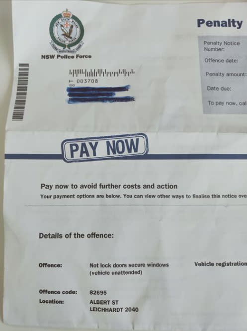 Fine received by Sydney woman for leaving her car parked with its window down.