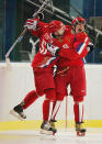 <p>Alexander Ovechkin #8 of Russia celebrates his third period goal to give Russia a 3-0 lead over Canada with teammate Fedor Tyutin #51 during the quarter final of the men’s ice hockey match during Day 12 of the Turin 2006 Winter Olympic Games on February 22, 2006 at the Torino Esposizioni in Turin, Italy. (Photo by Al Bello/Getty Images) </p>