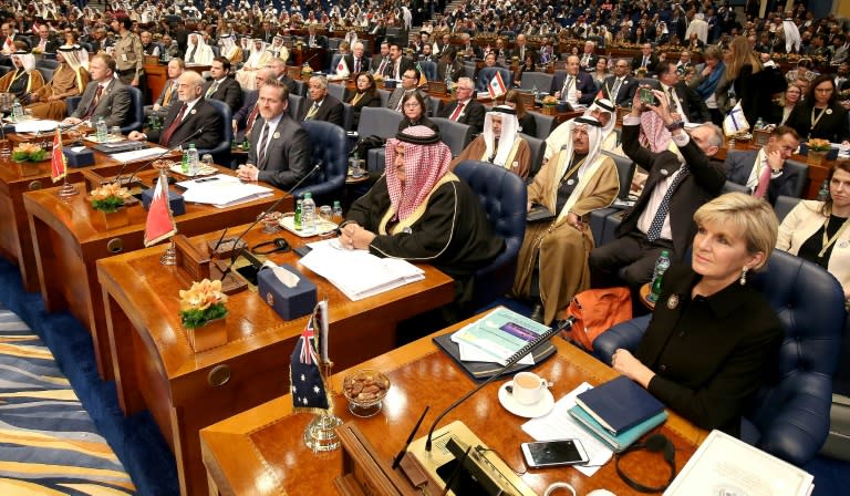 Attendees are seen at an international conference for reconstruction of Iraq in Kuwait City on February 14, 2018