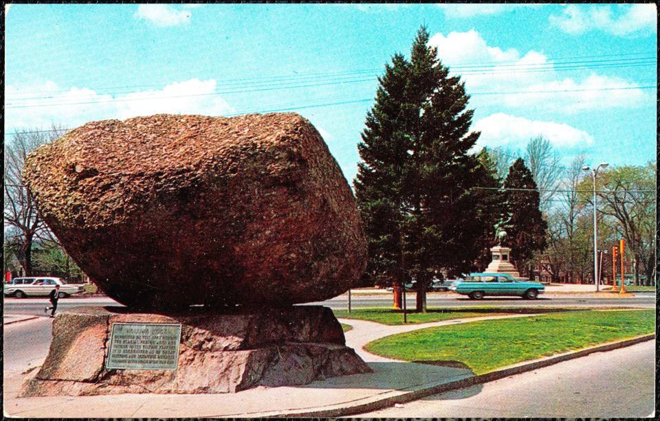 The Rolling Rock in Fall River sits atop its granite perch in this 1966 postcard.