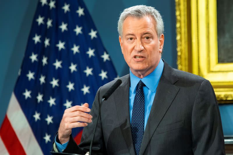 New York City Mayor Bill de Blasio speaks at a news briefing of the COVID-19 at the City Hall in the Manhattan borough of New York City, New York