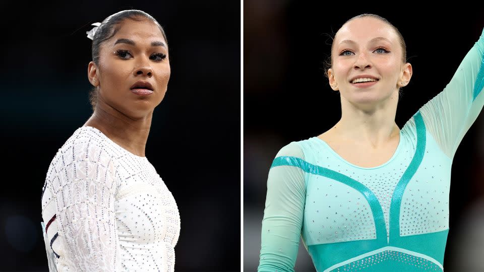 USA's Jordan Chiles, left, and Romania's Ana Bărbosu during the Paris Olympics' artistic gymnastics women's floor exercise final. - Getty Images