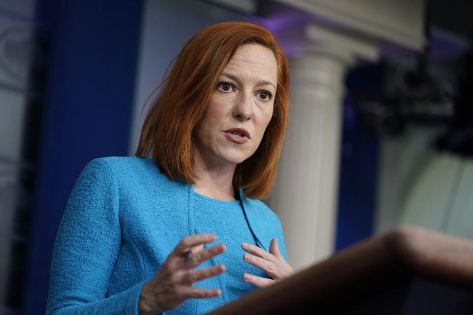 White House press secretary Jen Psaki speaks during a press briefing at the White House, Monday, March 22, 2021, in Washington. (AP Photo/Evan Vucci)