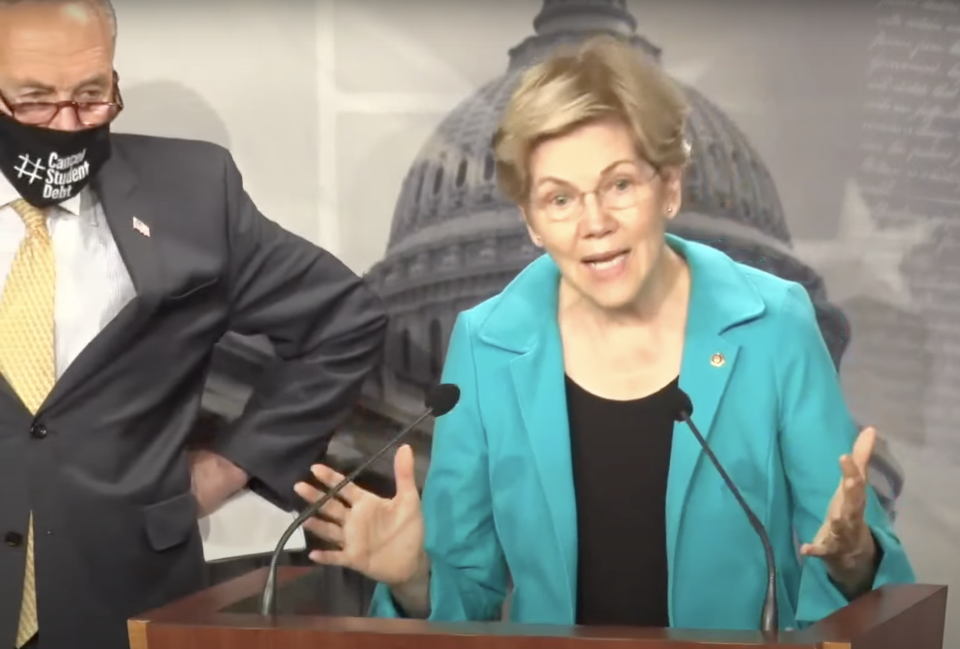 Warren and Schumer at the student loan press conference. (screenshot/C-SPAN)