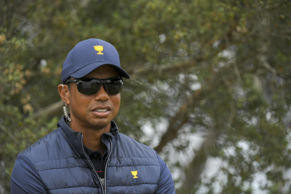 VICTORIA , AUSTRALIA - DECEMBER 14: U.S. Team playing captain, Tiger Woods, watches the afternoon third round foursome matches at the Presidents Cup at The Royal Melbourne Golf Club on December 14, 2019, in Victoria , Australia. (Photo by Ben Jared/PGA TOUR via Getty Images)