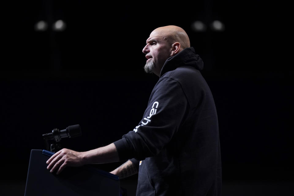 Pennsylvania Lt. Gov. John Fetterman, the Democratic candidate for U.S. Senate, speaks before President Joe Biden at a reception in Philadelphia for the Pennsylvania Democratic Party, on Friday, Oct. 28, 2022. (AP Photo/Manuel Balce Ceneta)