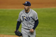 Tampa Bay Rays starting pitcher Blake Snell celebrates after fourth inning in Game 2 of the baseball World Series against the Los Angeles Dodgers Wednesday, Oct. 21, 2020, in Arlington, Texas. (AP Photo/Tony Gutierrez)