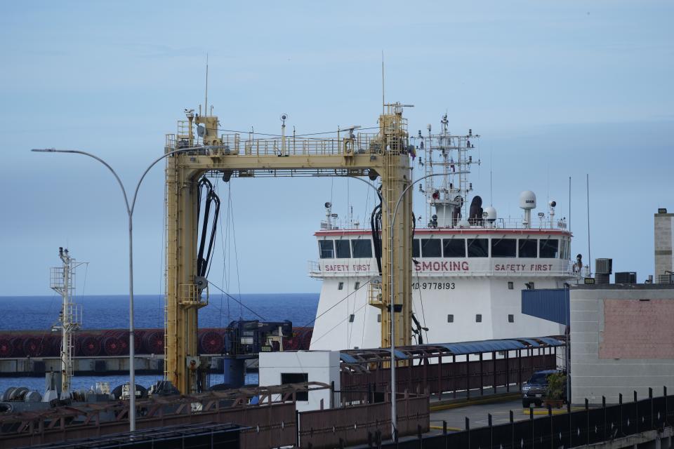 A vessel sits docked at a port in La Guaira, Venezuela, part of a fleet of Russian Naval ships that docked there, Tuesday, July 2, 2024. (AP Photo/Ariana Cubillos)