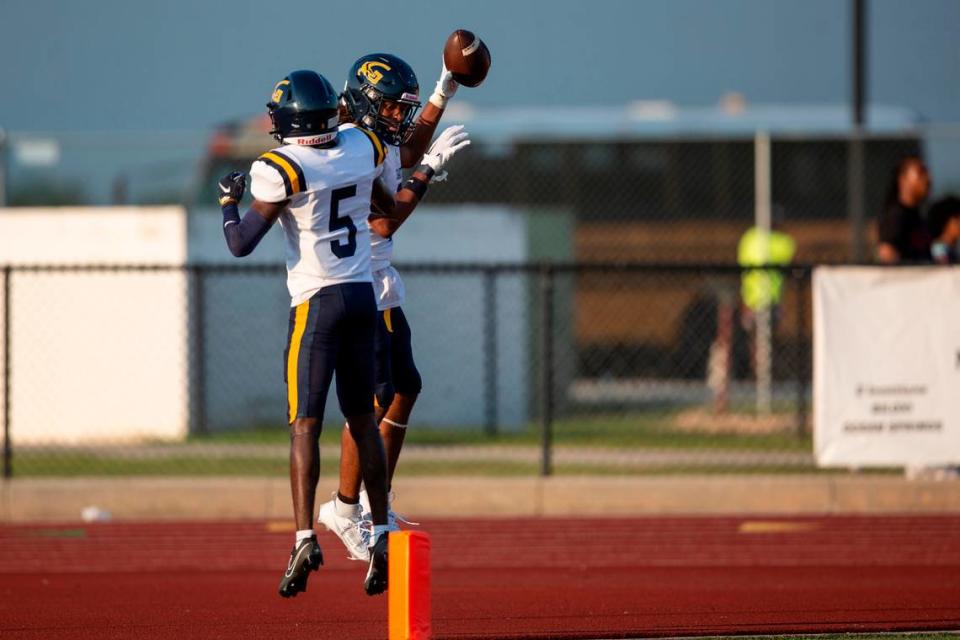 Gautier celebrates after scoring a touchdown against Biloxi during a Jamboree game at Biloxi High School on Friday, Aug. 18, 2023.