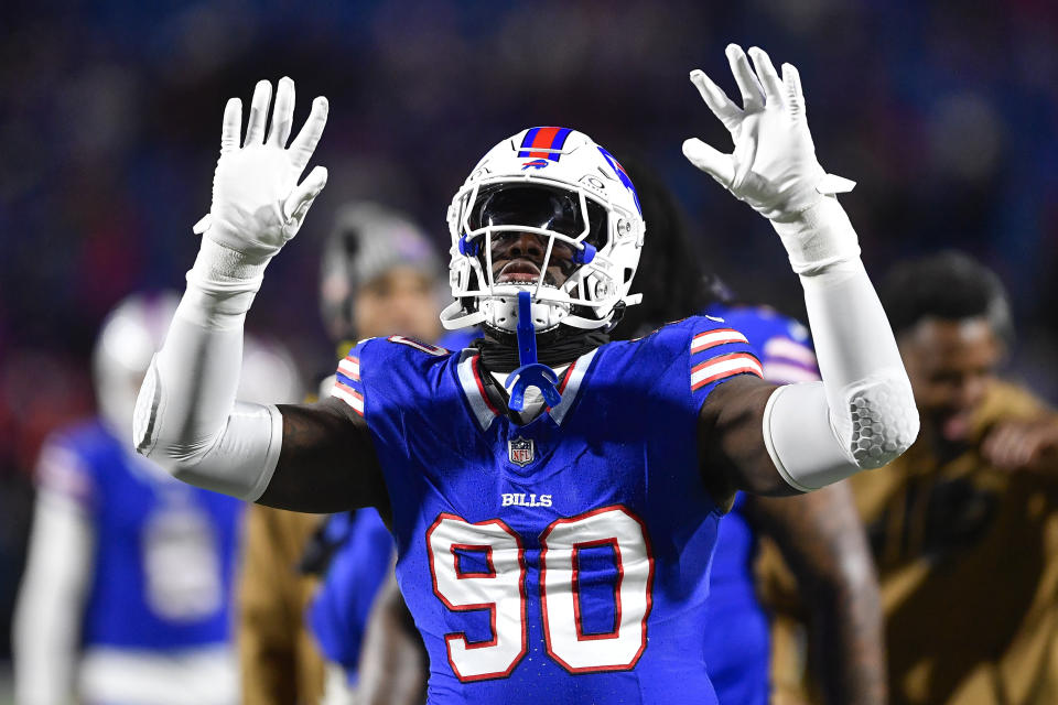 Buffalo Bills defensive end Shaq Lawson (90) warms up before an NFL football game against the Denver Broncos in Orchard Park, N.Y., Monday, Nov. 13, 2023. (AP Photo/Adrian Kraus)