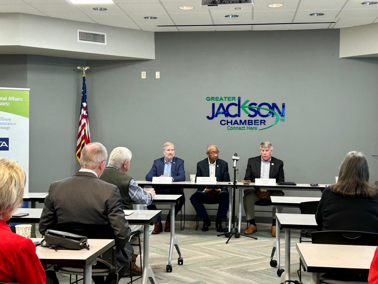 (Left to right) Rep. Chris Todd, Rep. Johnny Shaw, and Sen. Ed Jackson sit at a table for the "Capitol Talk" forum where they answered community questions at the Greater Jackson Chamber on Feb. 23, 2024 in Jackson, Tenn.