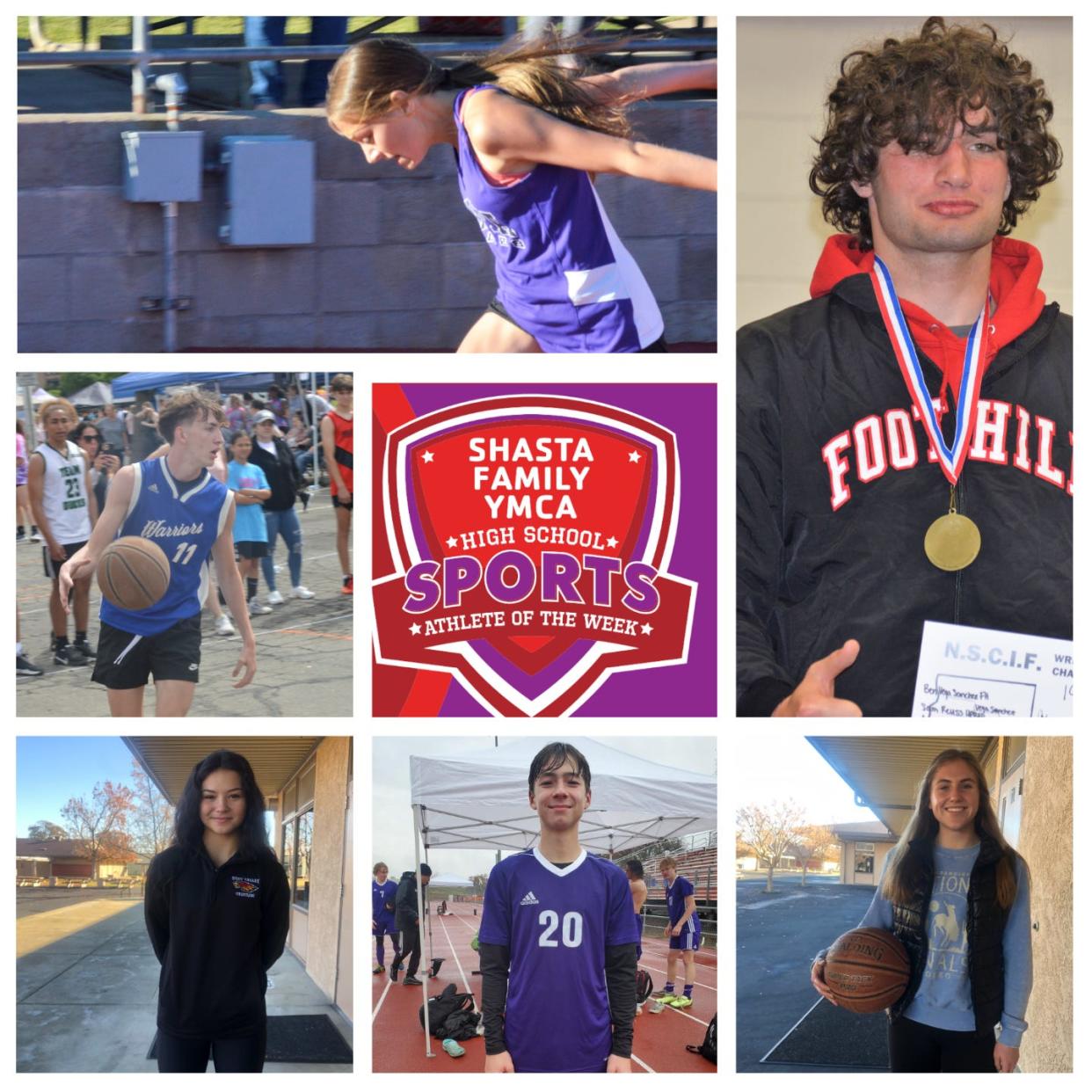 Shasta sophomore soccer player Talyn Hanley, (top), Foothill senior wrestler Ben Vega Sanchez (right), Shasta junior basketball player (left), West Valley wrestler Kylee Simmons (bottom left), Shasta freshman soccer player Gavin Copeland (bottom center) and junior guard Kayla Wiley (bottom right) were named the Shasta Family YMCA Athletes of the Week for top performances between Nov. 28 and Dec. 3.