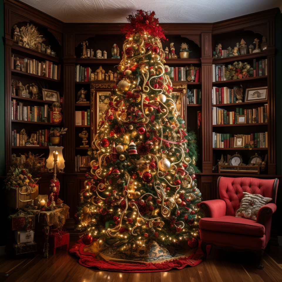 A tall, classic-style Christmas tree in a library that's covered in golden lights with various ribbons and bulb ornaments all over with poinsettia-like topper