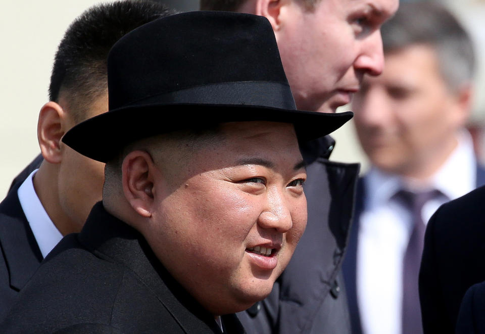 Kim Jong Un, North Korea's leader, reacts while watching an honor guard before his departure to North Korea at the railway station in Vladivostok, Russia, on Friday, April 26, 2019. Kim said the summit will be a starting point for productive talks on cooperation, Vesti TV reported him as saying in an interview. Photographer: Andrey Rudakov/Bloomberg via Getty Images
