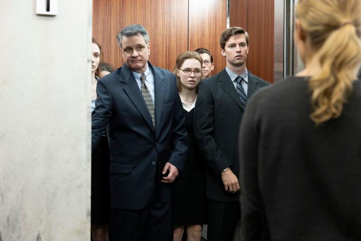 Colin Firth as Michael Peterson, Odessa Young as Margaret Ratliff and Patrick Schwarzenegger as Todd Peterson in &quot;The Staircase.&quot;
