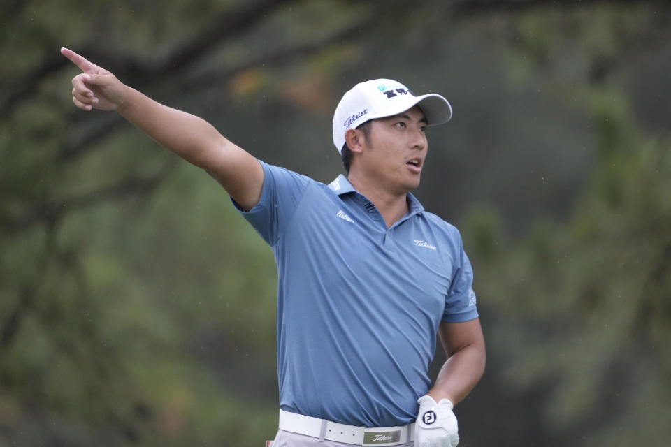 C.T. Pan, of Taiwan, gestures while watching his shot from the ninth tee during the first round of the Sanderson Farms Championship golf tournament in Jackson, Miss., Thursday, Oct. 5, 2023. (AP Photo Rogelio V. Solis)