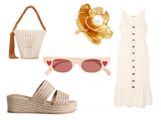 Montunas Lirio Trellis acetate bucket bag: £365, & Other Stories duo strap woven jute wedges: £59, Kenneth Jay Lane gold-tone faux pearl ring: £75, Le Specs + Adam Selman The Heartbreaker cat-eye acetate sunglasses: £75, Nicholas Linen midi dress: £425.