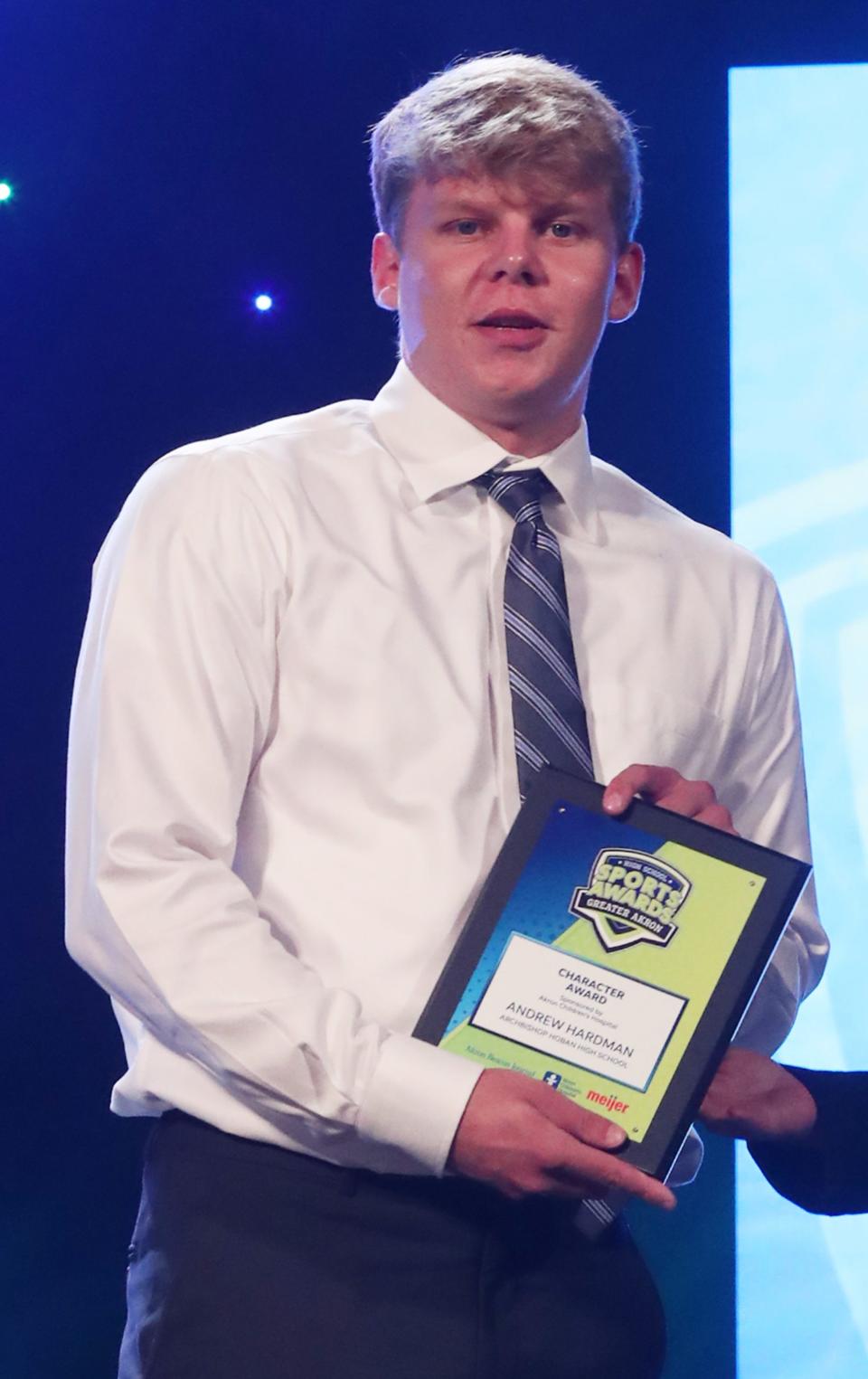 Archbishop Hoban High's Andrew Hardman Greater Akron Character Award recipient at the High School Sports All-Star Awards at the Civic Theatre in Akron on Friday.