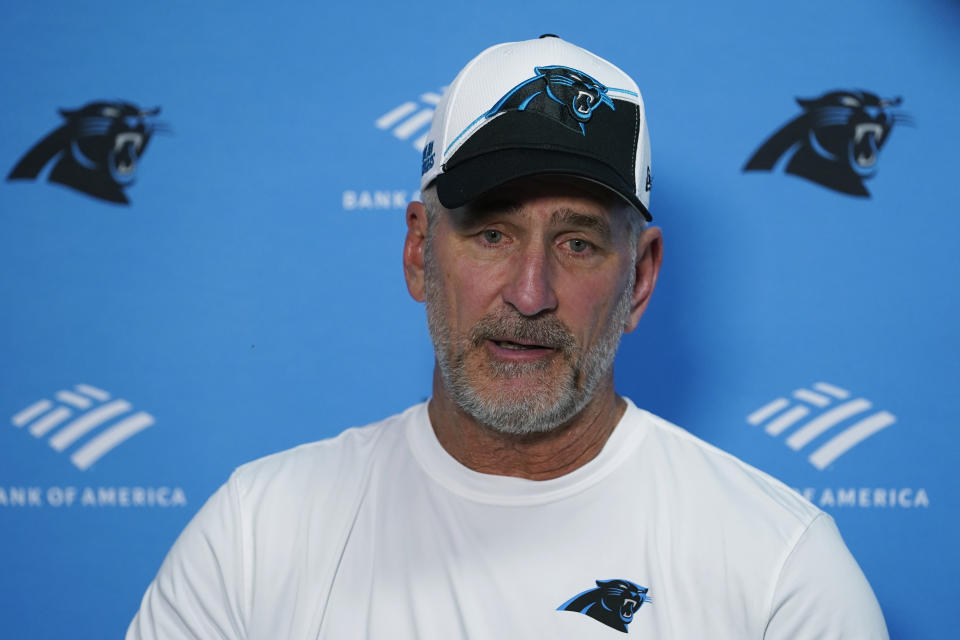 Carolina Panthers head coach Frank Reich speaks during a post game news conference following an NFL football game against the Miami Dolphins, Sunday, Oct. 15, 2023, in Miami Gardens, Fla. The Dolphins defeated the Panthers 42- 21. (AP Photo/Lynne Sladky)