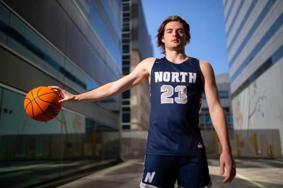 Edmond North's Dylan Warlick poses for a photo for The Oklahoman's Super 5 boys basketball team in Oklahoma City, Wednesday, April 12, 2023. 