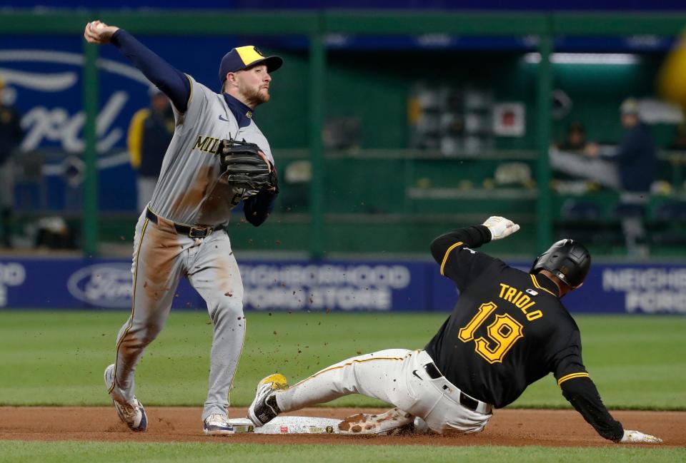 Brewers second baseman Brice Turang throws to first to turn a double play after forcing out second baseman Jared Triolo during the seventh inning Wednesday night.