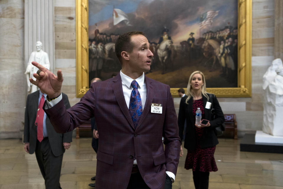 New Orleans Saints quarterback Drew Brees arrives for the Congressional Gold Medal Ceremony in honor of Steve Gleason, on Capitol Hill in Washington, Wednesday, Jan. 15, 2020. (AP Photo/Jose Luis Magana)