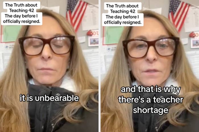 Brenda C, wearing glasses, appears upset in a classroom with two flags and text reading: "The Truth about Teaching 42 The day before I officially resigned," "it is unbearable," and "and that is why there's a teacher shortage"