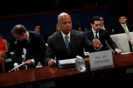 Former U.S. Secretary of Homeland Security Jeh Johnson arrives to testify about Russian meddling in the 2016 election before the House Intelligence Committee on Capitol Hill in Washington, U.S., June 21, 2017. REUTERS/Aaron P. Bernstein