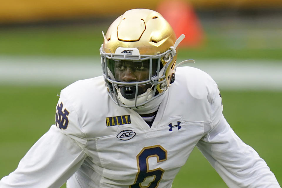 Notre Dame linebacker Jeremiah Owusu-Koramoah (6) plays against Pittsburgh during the first half of an NCAA college football game against Pittsburgh, Saturday, Oct. 24, 2020, in Pittsburgh. The defense for No. 4 Notre Dame has been solid all season during a 6-0 start. It is about to face its biggest challenge. The Fighting Irish will host top-ranked Clemson on Saturday, Nov. 7. (AP Photo/Keith Srakocic)