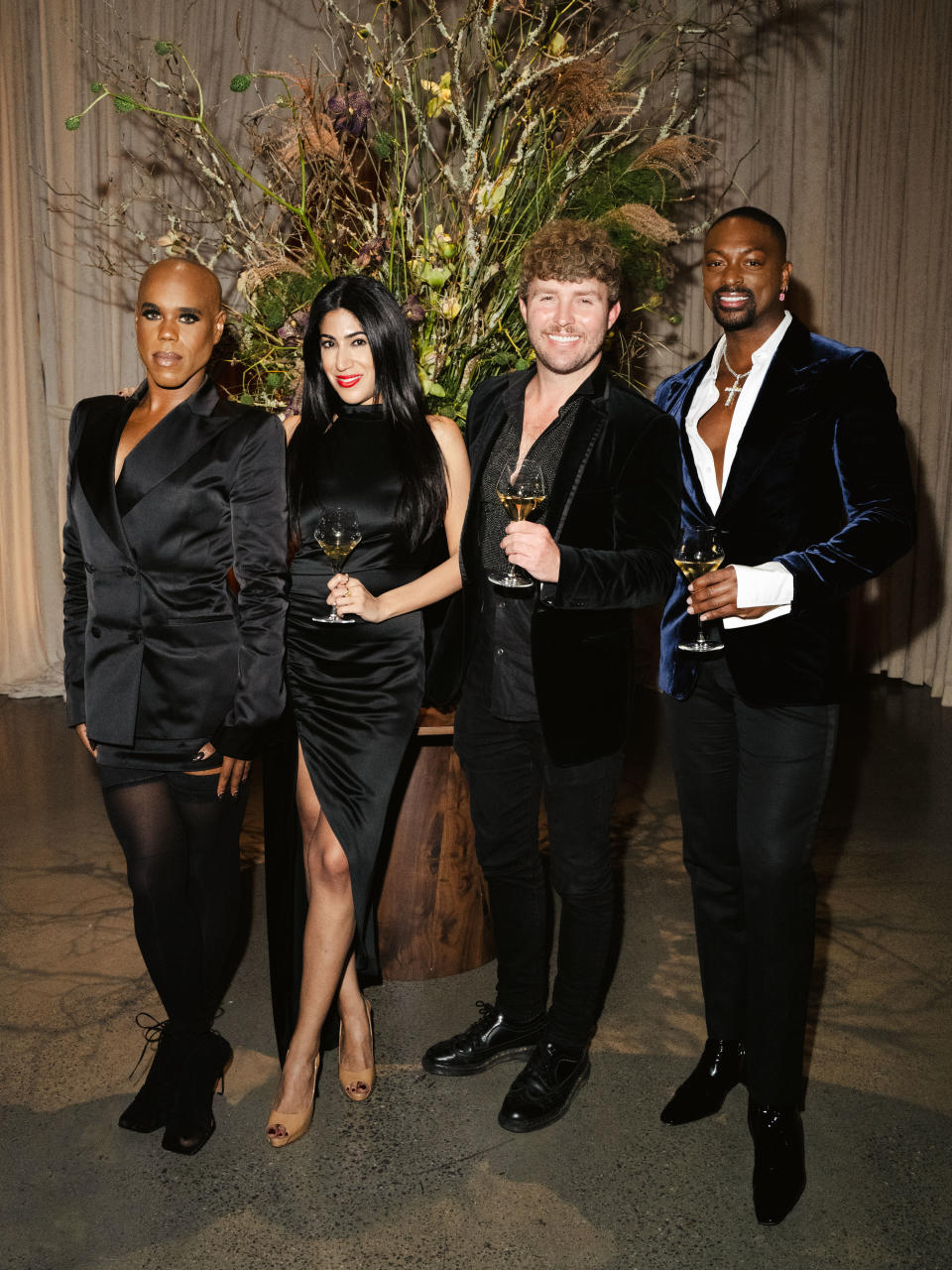 Kyle Bryan, brand director at LaQuan Smith, Tina Reejsinghani, Remy Cointreau Americas vice president, Timo Weiland and LaQuan Smith enjoying Louis XIII Cognac at the Rare Cask 42.1 Art of Wonder dinner at Spring Studios.