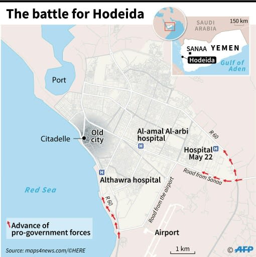 Map locating Hodeida in Yemen, where pro-government forces are attempting to retake the city from the rebels