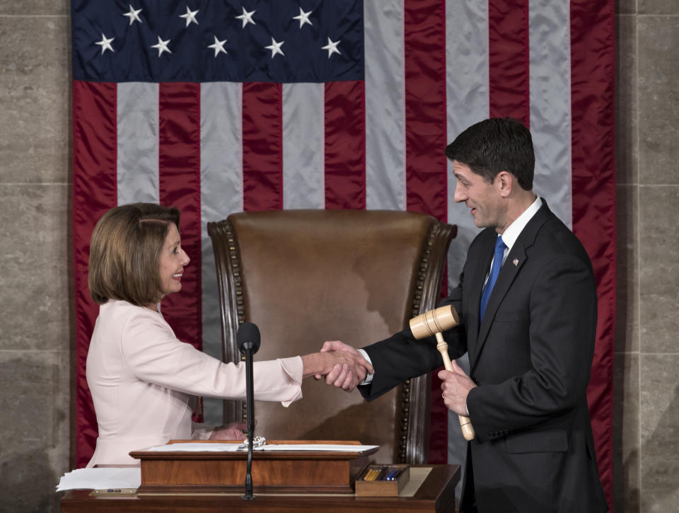 House Speaker Paul Ryan shakes hands with House Minority Leader Nancy Pelosi on Capitol Hill in Washington, D.C., on Jan. 3, 2017, after he was reelected to his leadership post as the 115th Congress convened. (Photo: J. Scott Applewhite/AP)