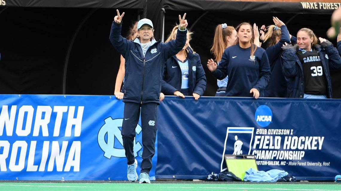 UNC field hockey coach Karen Shelton leads her team during an NCAA tournament semifinal victory against Boston College on Nov. 22. The next day, Shelton led the Tar Heels to their eighth national championship.