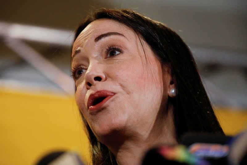Maria Corina Machado, the winner of Venezuela's opposition presidential primary, addresses the media, in Caracas