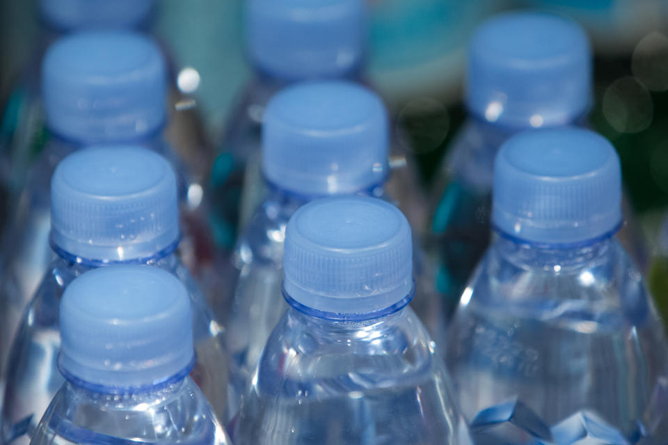 GOTHENBURG, SWEDEN - 2019/10/03: Plastic bottles made of polyester seen at Rohsska Museum in Gothenburg, Ocean Plastics exhibition presents a selection of design projects which address plastic pollution by questioning our relationship to the sea, presenting strategies for cleaning up the oceans, recycling existing plastics and exploring the merits of bio-plastics. (Photo by Karol Serewis/SOPA Images/LightRocket via Getty Images)