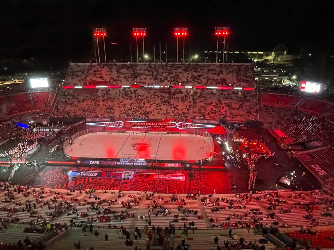 Fans begin to enter Carter-Finley Stadium for the Stadium Series game between the Washington Capitals and the Carolina Hurricanes on Saturday, February 18, 2022 at Carter-Finley Stadium in Raleigh, N.C