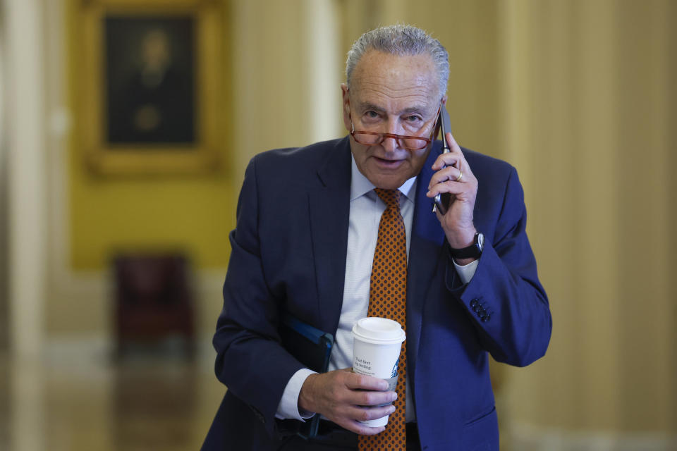 WASHINGTON, DC - SEPTEMBER 07: U.S. Senate Majority Leader Chuck Schumer (D-NY) speaks on his cell phone as he arrives at the U.S. Capitol Building on September 07, 2023 in Washington, DC. The U.S. Senate will consider several nomination votes today. (Photo by Anna Moneymaker/Getty Images)