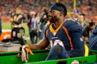 Oct 15, 2017; Denver, CO, USA; Denver Broncos wide receiver Emmanuel Sanders (10) is carted off the field in the third quarter against the New York Giants at Sports Authority Field at Mile High. Mandatory Credit: Isaiah J. Downing-USA TODAY Sports