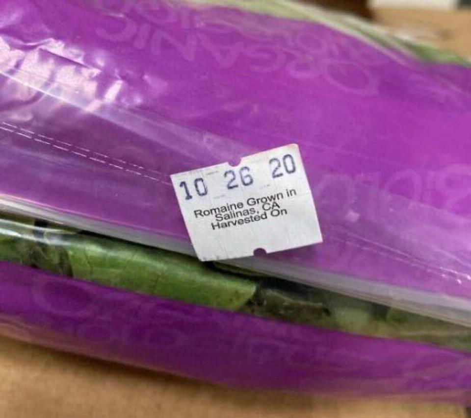 The harvest date tag on Dole Hearts of Romaine Lettuce