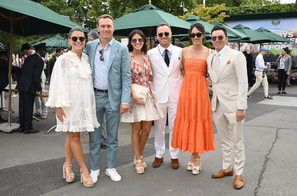 LONDON, ENGLAND - JULY 09: (L-R) Annie Verret, Jordan Spieth, 
Jillian Wisniewski, Justin Thomas, Allison Stokke and Rickie Fowler attend day seven of the Wimbledon Tennis Championships at the All England Lawn Tennis and Croquet Club on July 09, 2023 in London, England. (Photo by Karwai Tang/WireImage)