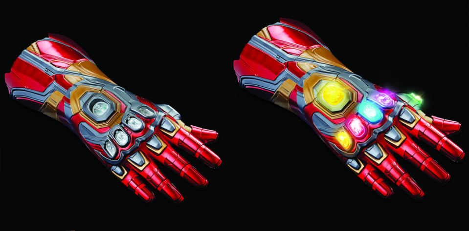 The Marvel Legends Iron Man Nano Gauntlet, with and without Infinity Stones. 