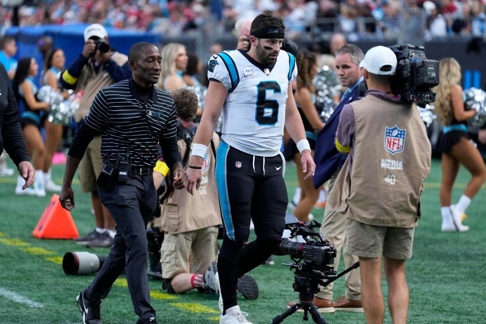 Carolina Panthers quarterback Baker Mayfield makes his way to the locker room before the final seconds of the end of the second quarter against the San Francisco 49ers.