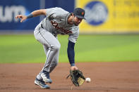 Detroit Tigers third baseman Matt Vierling fields a ground ball by Tampa Bay Rays' Isaac Paredes and throws him out at first base during the first inning of a baseball game Wednesday, April 24, 2024, in St. Petersburg, Fla. (AP Photo/Chris O'Meara)