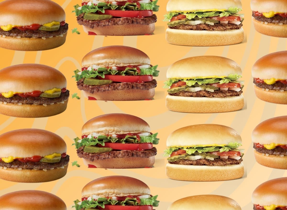 fast-food burgers on a yellow background