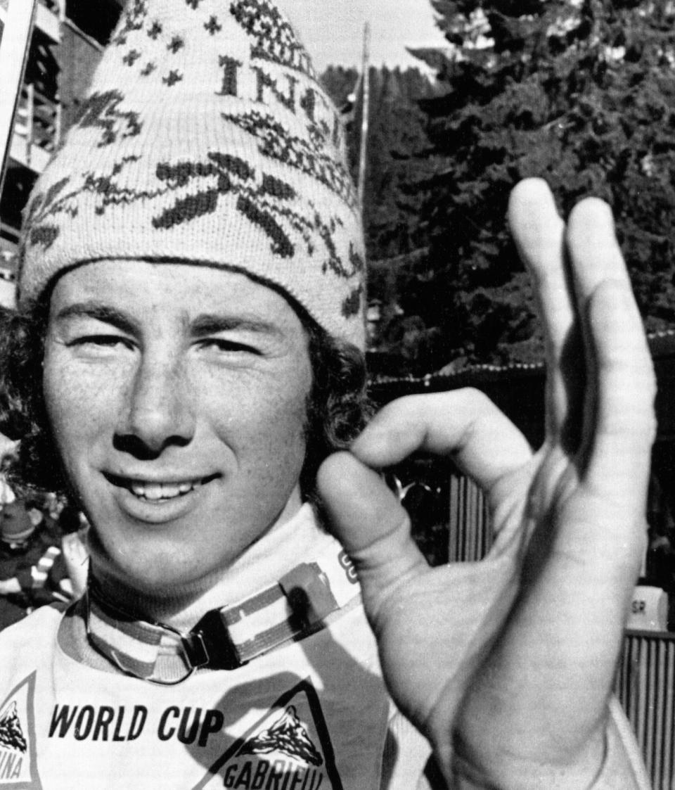 FILE - Ingemar Stenmark gives the OK sign after after he won the World Cup Special Slalomat Madonna Di Campiglio, Italy, on Dec. 17, 1974. To Ingemar Stenmark, all this fuss over Mikaela Shiffrin as she approaches his record of 86 World Cup skiing victories is beside the point. Because the 66-year-old Swede believes the American is already on another level. “She’s much better than I was. You cannot compare,” Stenmark said in an interview with The Associated Press. “(AP Photo)